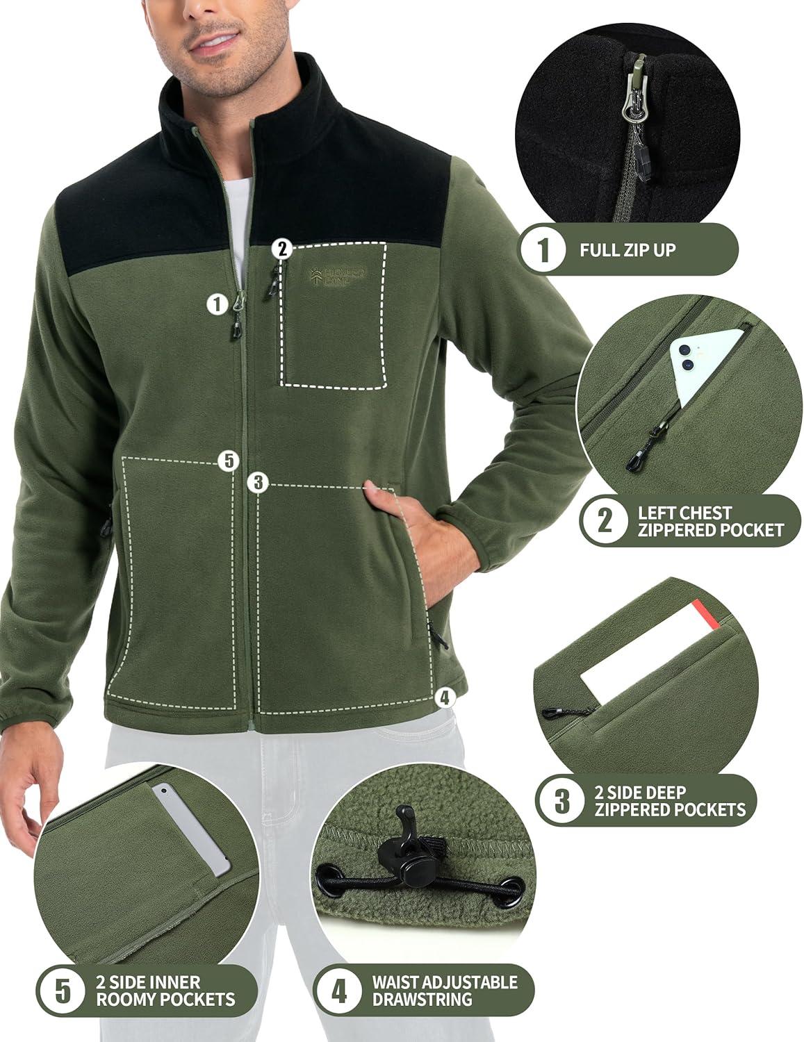 image:imagePioneer Camp Fleece Jacket Men Full Zip Polar Lightweight Windproof Casual Soft Warm Outwear Outdoor Coat with Chest PocketBlack Green
