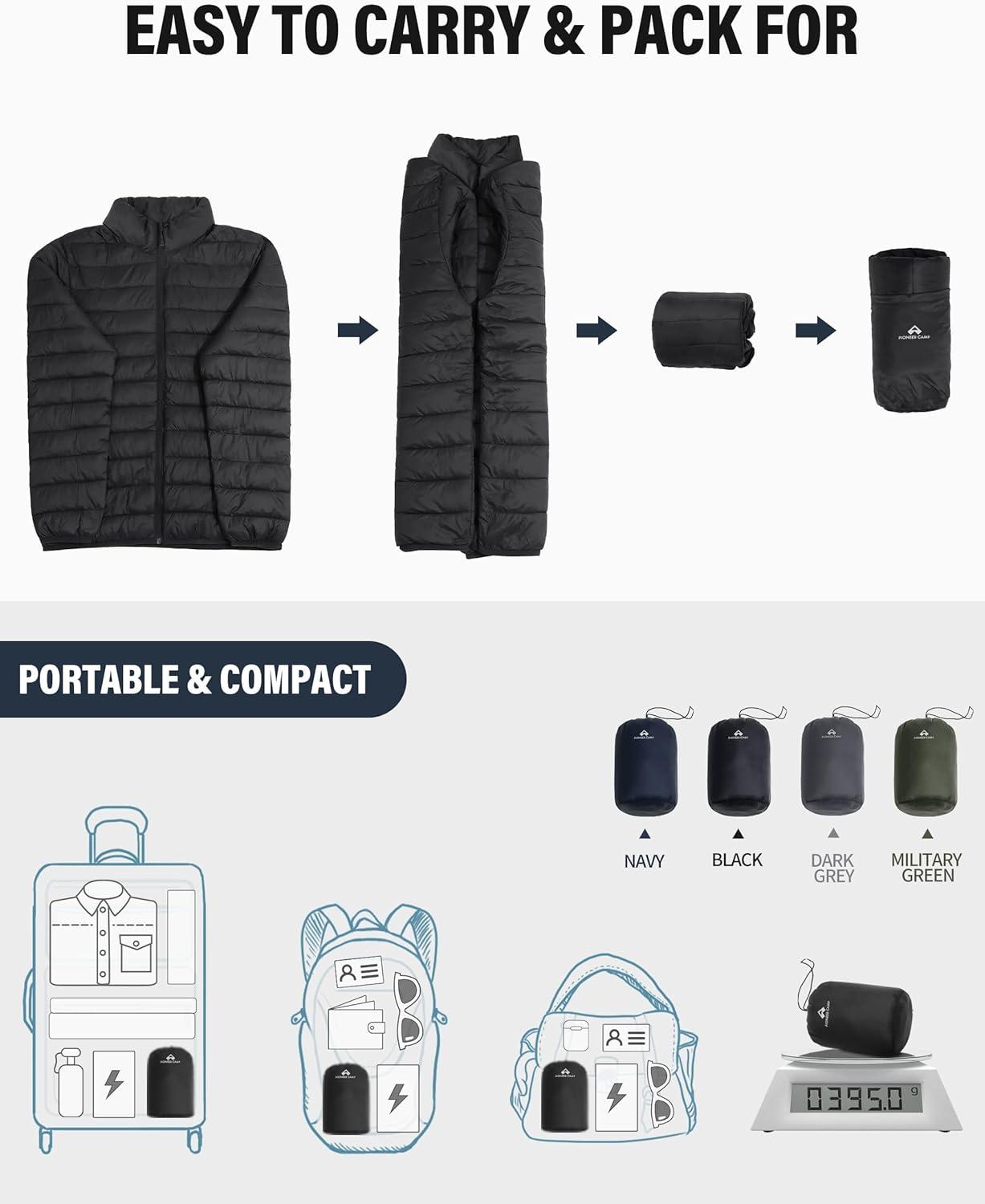 image:imagePioneer Camp Mens Lightweight Packable Puffer Jacket Winter Insulated Puffy Coat Water Repellent Warm Quilted Jackets TravelBlack